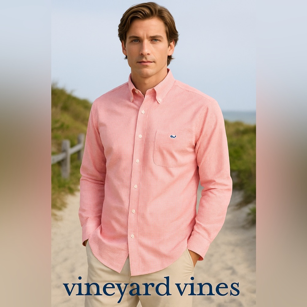 Vineyard Vines Men’s Size Small Button-Down Shirt Pink Gingham Whale Logo